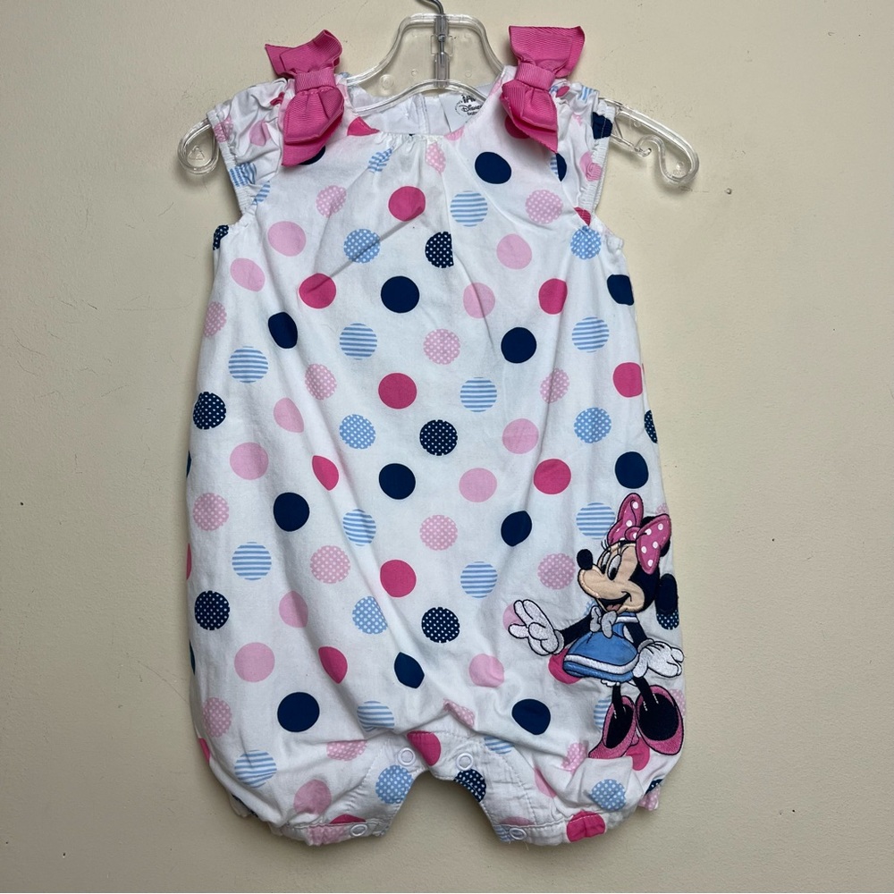 Disney Baby Minnie‎ Mouse  Polka Dot Romper Size 9-12M Pink Bows White Blue